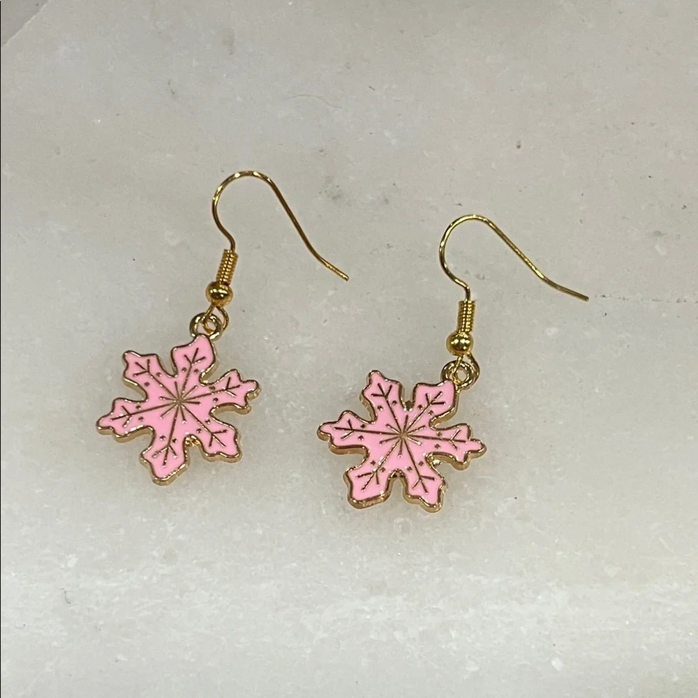 Gold and Pink Snowflake Earrings